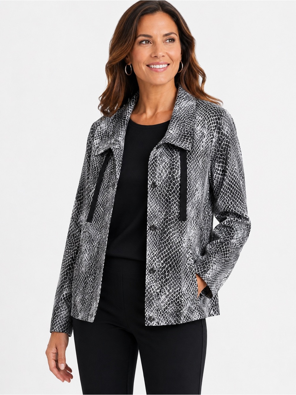 Chico's Black & White Animal-Print Funnel Neck Jacket US M (8-10)